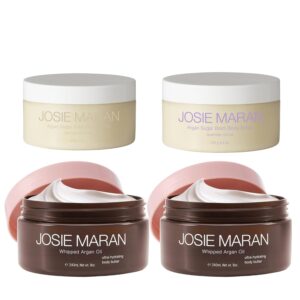 Josie Maran Bod Squad Body Care Set - Includes 2 Argan Sugar Scrubs & 2 Body Butters - Nourishes Skin with Gentle Exfoliation and Intense Hydration - Oat Milk & Honey and Lavender Citrus (4 Count)