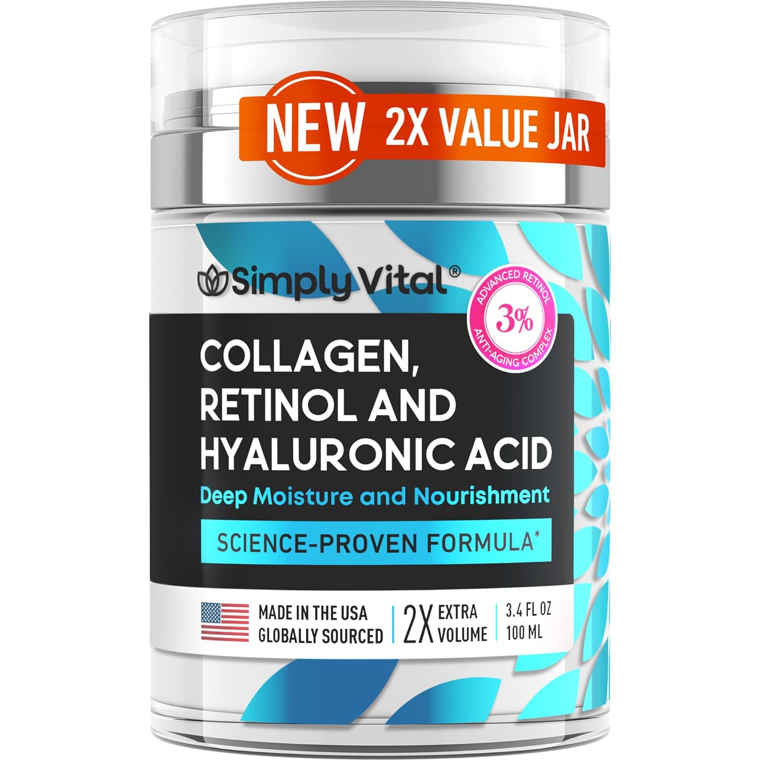 SimplyVital Collagen, Retinol & Hyaluronic Acid Cream - Anti-Aging Retinol Cream for Face, Neck & Décolleté - Made in USA - Daily Moisturizer Face Cream - 3.38 fl oz