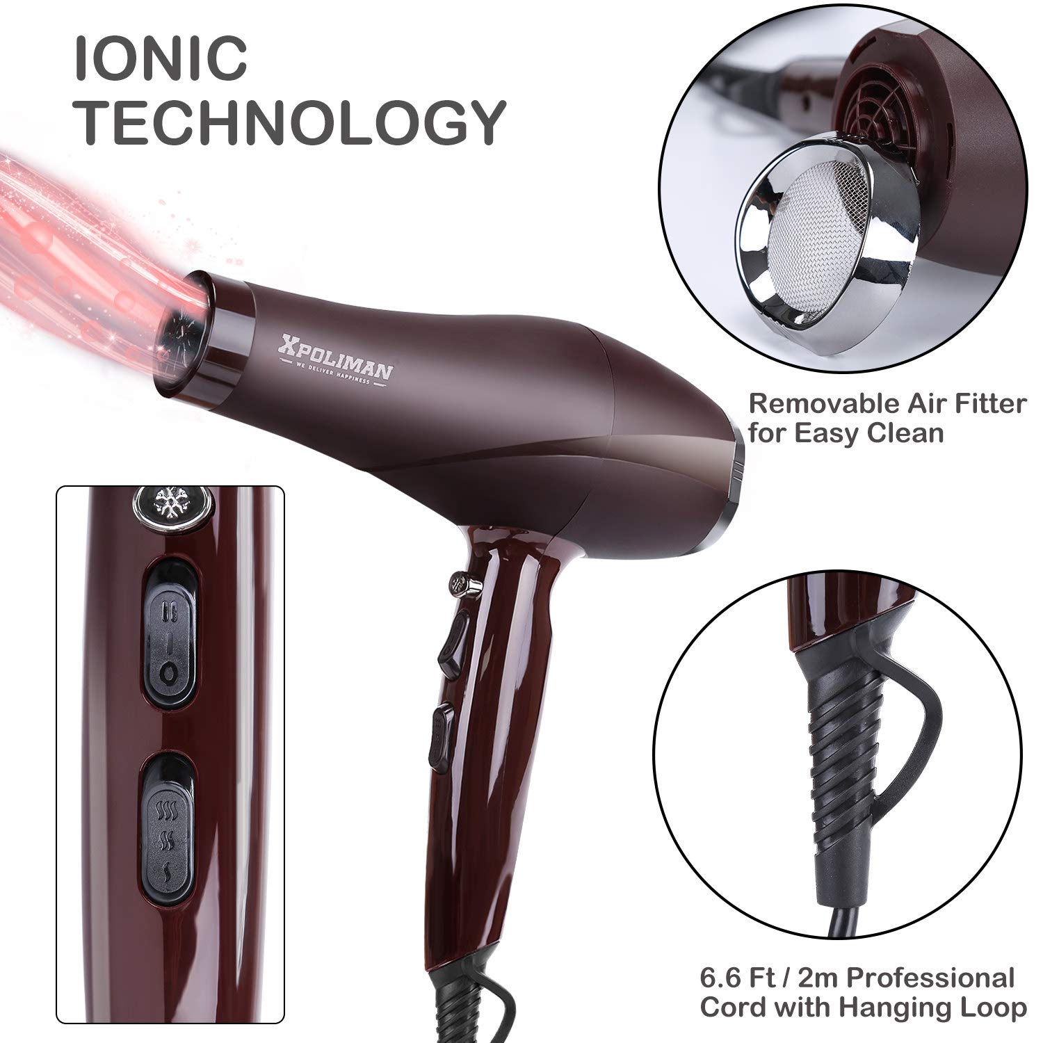 2000 Watt Hair Dryer, Negative Ionic Blow Dryer with Diffuser Concentrator Comb, 2 Speed 3 Heat Settings, Low Noise Long Life Style-Brown/Purple - Image 5