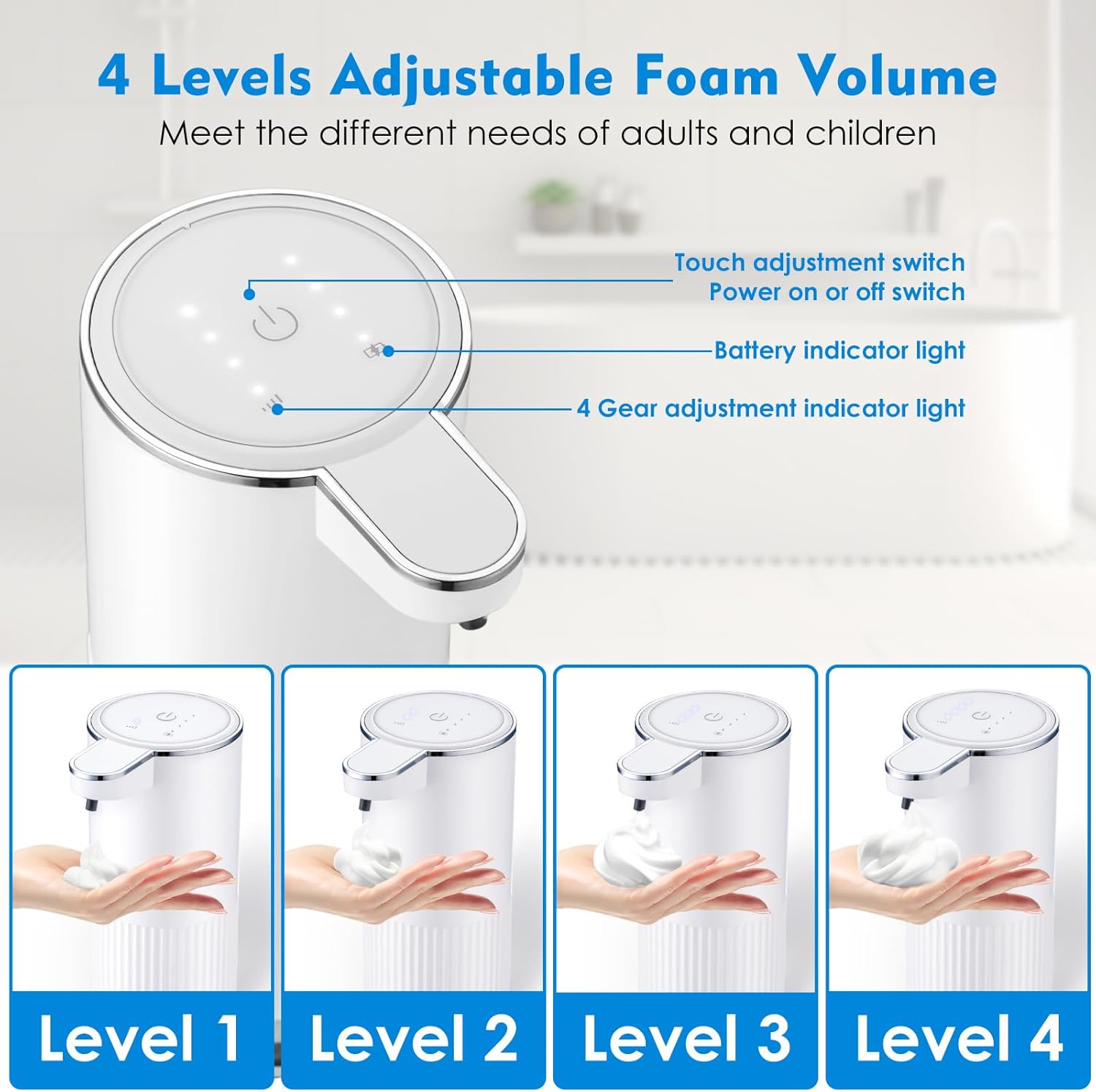 Automatic Touchless Foaming Soap Dispenser, USB Rechargeable, 4-Level Adjustable, 13.5oz, White - Image 3