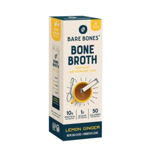 Bare Bones Bone Broth Instant Powdered Mix | Rich Savory Packets on-the-Go No Artificial Flavors | Non-GMO Gluten-Free Dairy-Free Keto & Paleo Friendly | 15g Sticks 10g Protein | Lemon Ginger | 4 Pack