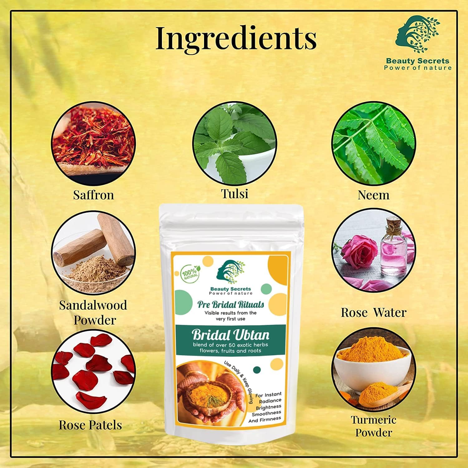 Ayurvedic Bridal Ubtan Powder 100gm for Skin Radiance and Tan Removal with Hibiscus, Sandalwood, Vetiver, and Kasturi Manjal for All Skin Types - Image 5