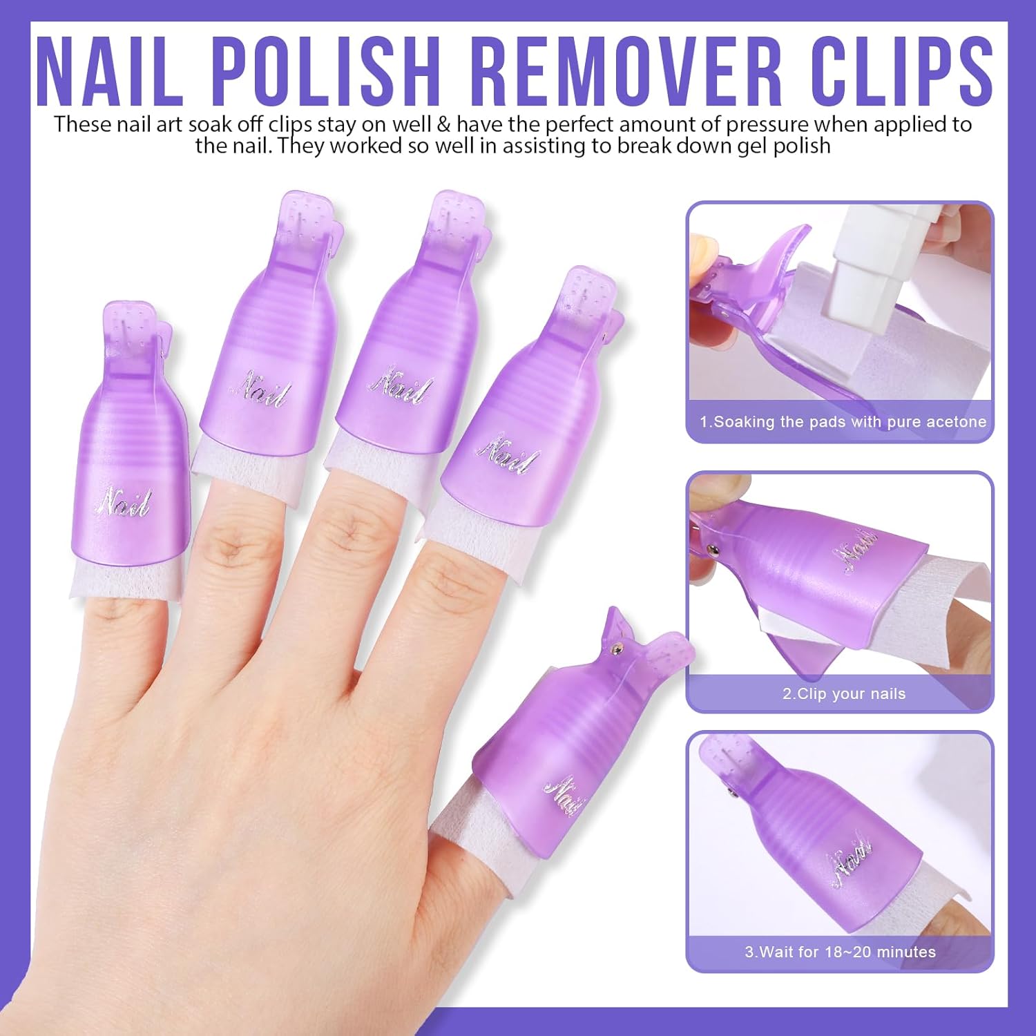Teenitor 6 Pack Gel Polish Remover Kit with Clips Pads and Brushes Purple - Image 2