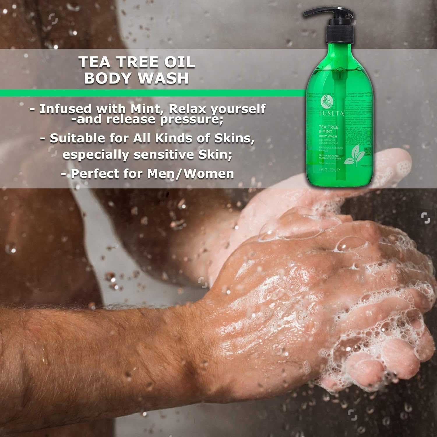 Luseta Tea Tree Oil Body Wash with Mint, Sulfate free, Helps Body Odor, Athlete's Foot, Jock Itch, Ringworm, Yeast Infections, Skin Irritations, Shower Gel for Women/Men 16.9oz - Image 2