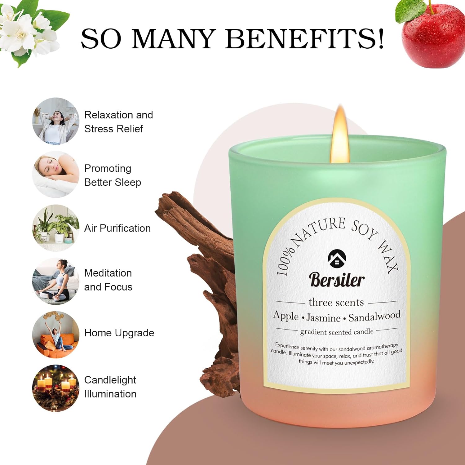 Apple Jasmine Sandalwood Scented Candles Set 5.3oz 35 Hours Burn Time Aromatherapy - Image 5