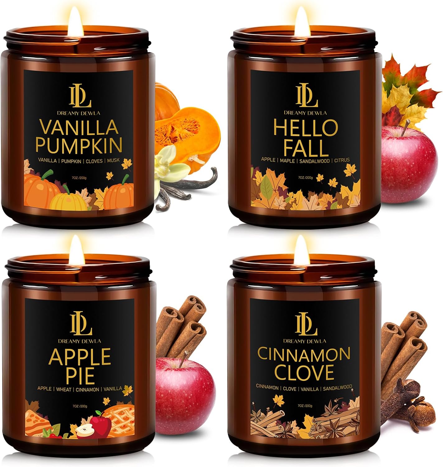 Winter Candle Set, Candles for Home Scented, 4 Pack Soy Candle, Holiday Gift for Women Men, Winter Scents of Cinnamon Clove/Vanilla Pumpkin/Apple Pie/Hello Fall