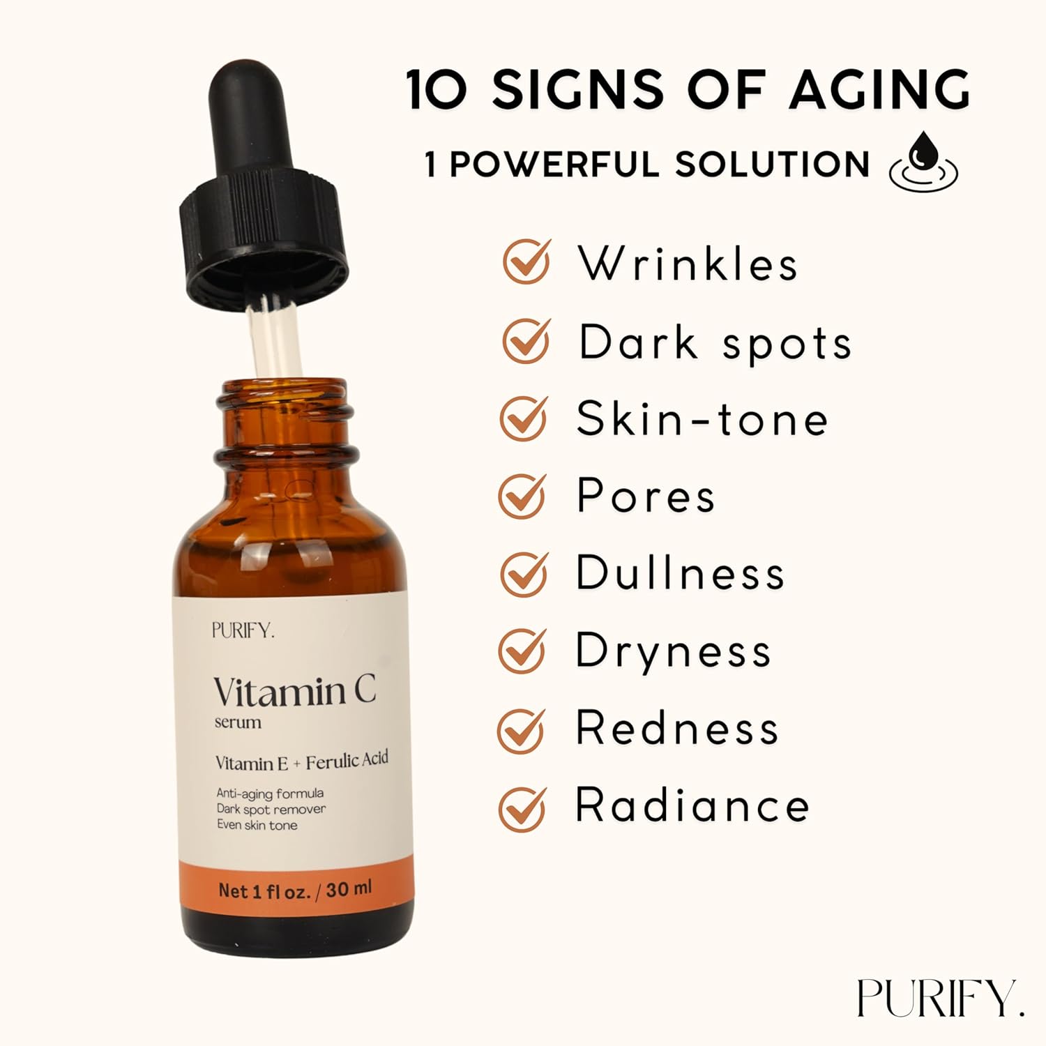 Purify 20% Vitamin C Serum - with Vitamin E & Ferulic Acid - Anti Aging - Brightening Face Serum - Pure Vit C for Dark Spots Correcting, Uneven Skin Tone, Wrinkles, Glow - 1 fl oz. - Image 3