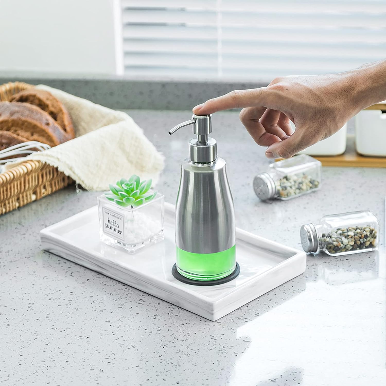 2 Pack Brushed Nickel Refillable Soap Dispenser Set with Coaster and Stickers for Kitchen Bathroom - Image 6