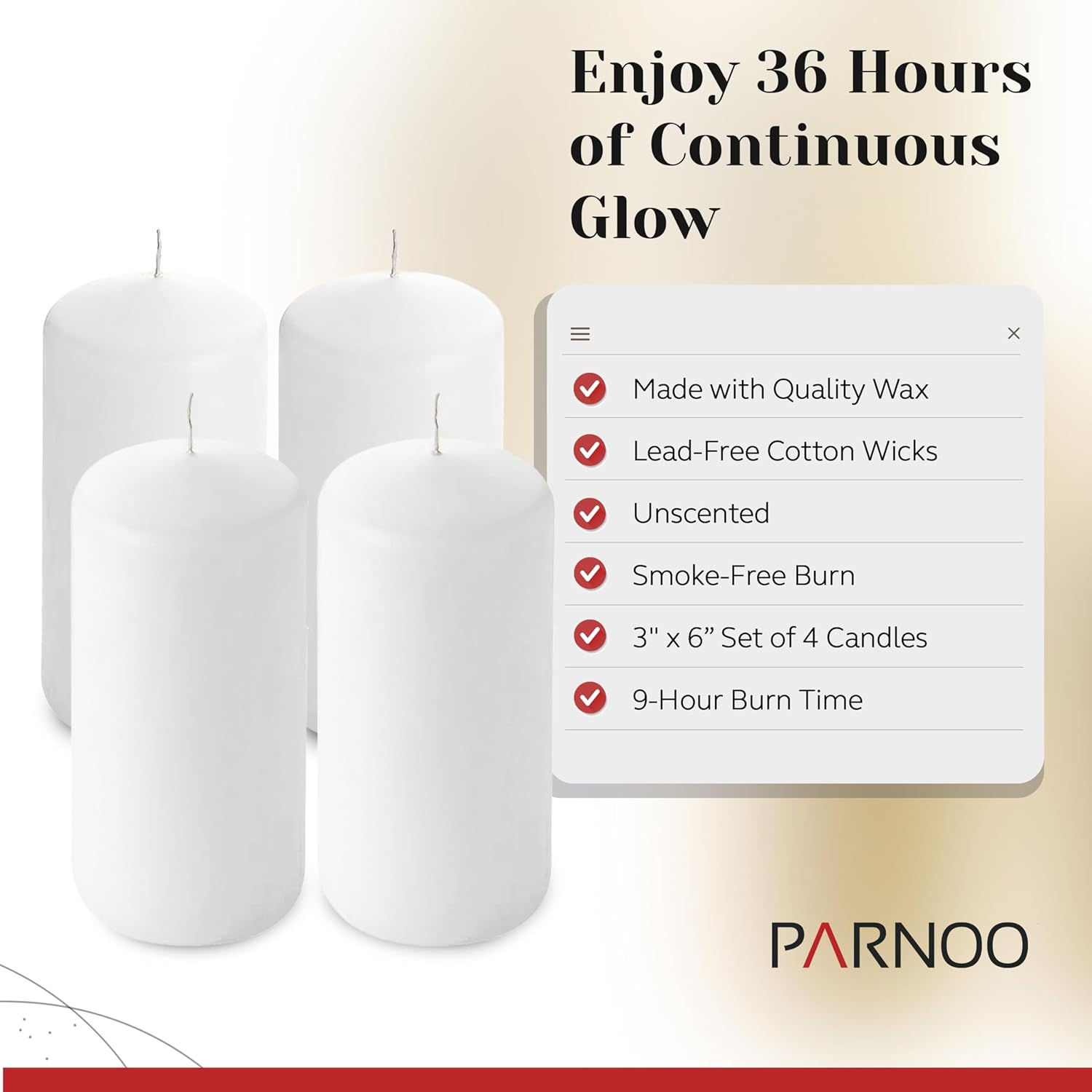 Unscented Pillar Candles - Set of 4 Ivory Candles - 3x6 Slow Burning Candles for Weddings & Table Centerpieces - Large Pillar Candles, PARNOO - Image 3