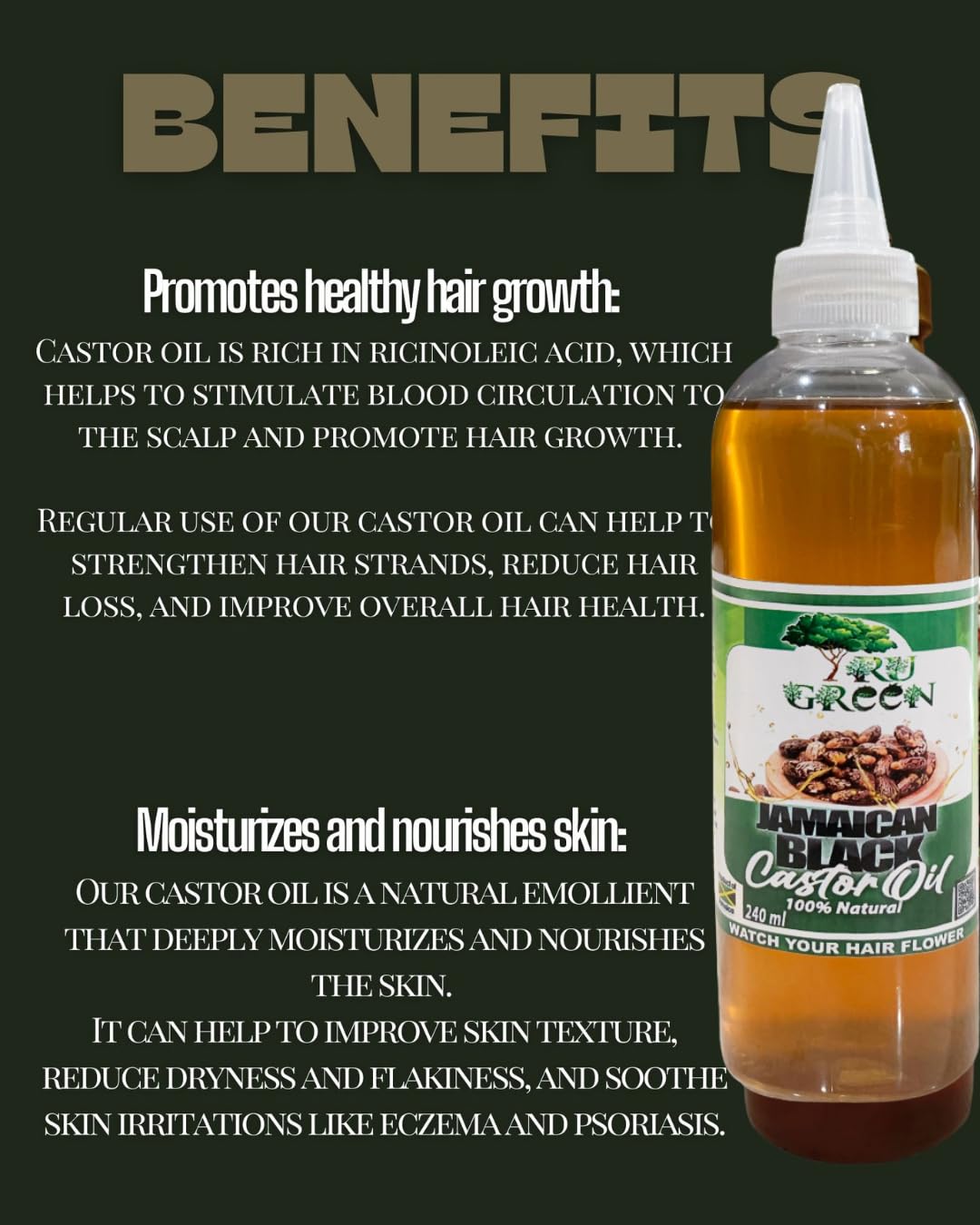 Tru Green Pure Castor Oil, Jamaican Black Castor Lightly Roasted (8 Oz) For All Hair Types. Stimulates hair Follicles And Promotes Growth for Hair, Brows, Skin, And Hair Moisturizer. - Image 9