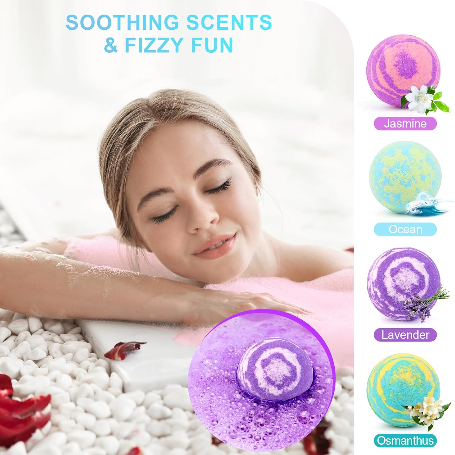 Luxury Bath Bomb Gift Set for Women, 4 Bath Bombs, 3 Soy Candles, 3 Hand Creams, New - Image 2