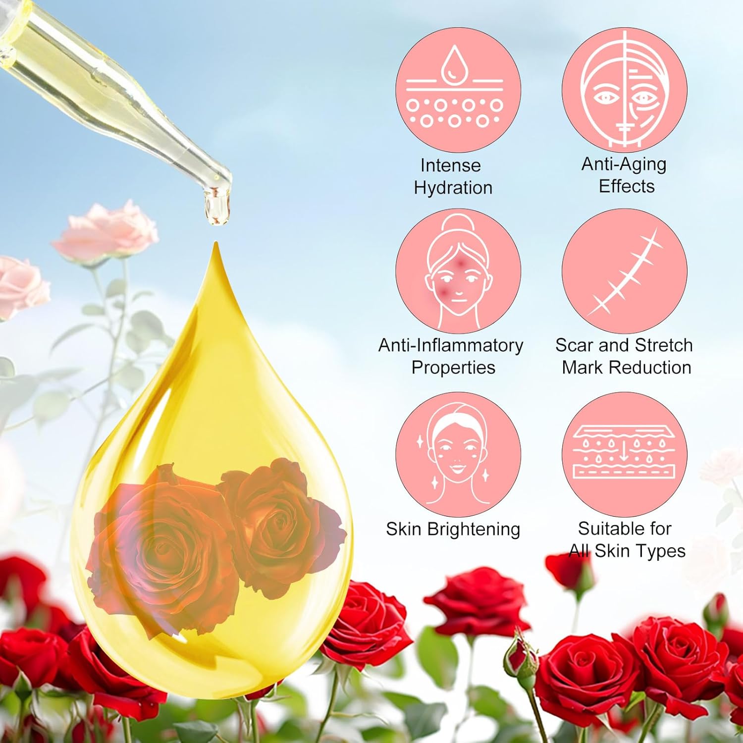 Rose Oil for Face with Rose Petal Flower, Organic Vitamin E Oil for Anti-aging, Scars & Stretch Mark, Gua Sha Face Oil, Natural Massage Body Oil Scented for Dry Skin, Scalp and Nail - 60ml - Image 2
