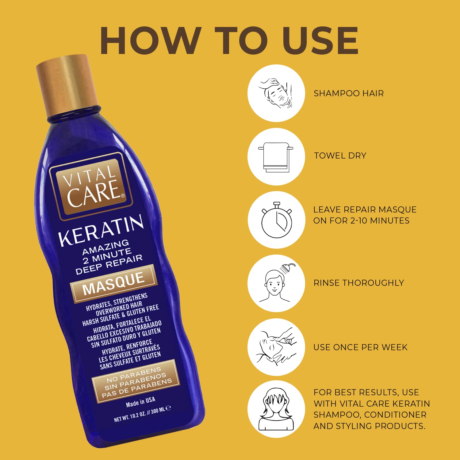 Vital Care Keratin 2-Minute Repair Hair Masque - Gentle Keratin Complex Hair Mask Treatment is Non-Stripping for Daily Use, Hydrating & Repairing - Abyssinian, Avocado & Sunflower Seed Oil - Image 4