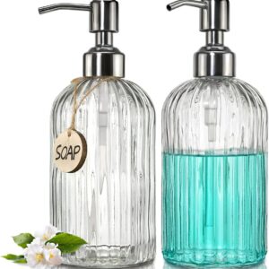 JASAI 2PACK 18 Oz Glass Soap Dispenser with Rust Proof Stainless Steel Pump, Refillable Hand Soap Dispenser with Vertical Stripe, Premium Bathroom soap Dispenser for Kitchen & Bathroom
