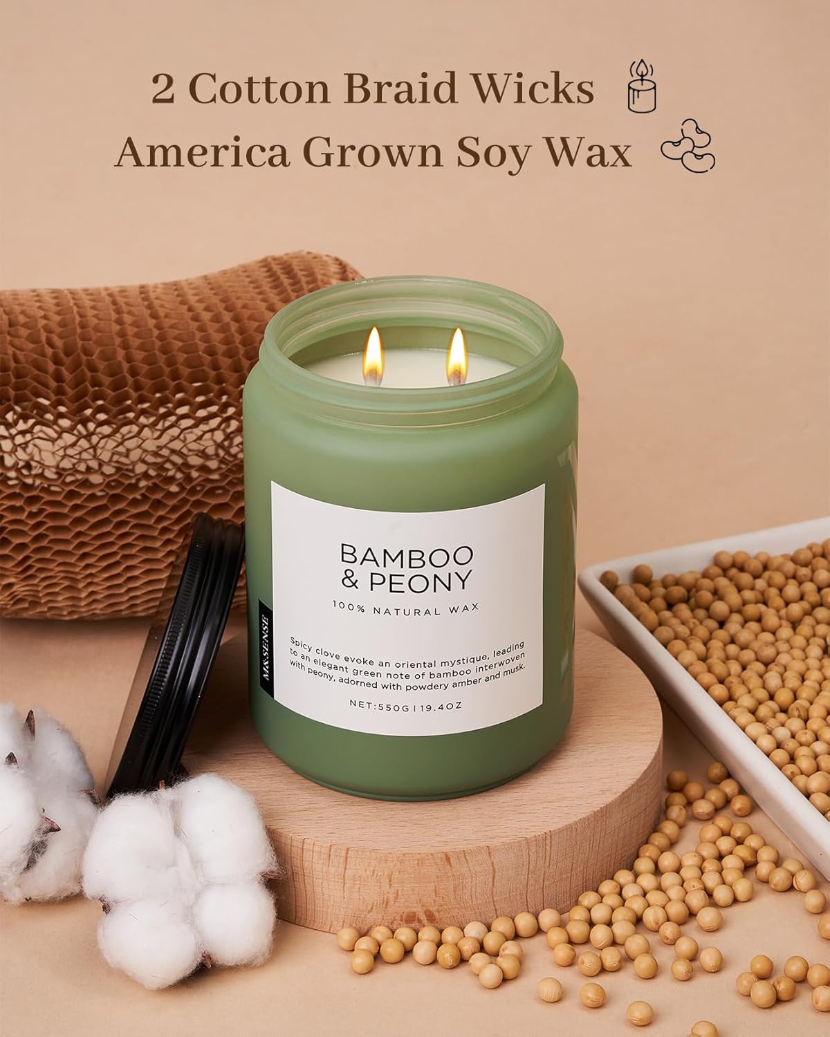 M&SENSE Bamboo Peony Spring Large Jar Candles for Home Scented 19.4 Ounces 110 Hour Long Lasting Burn, Natural Organic Soy Wax Gifts for Women, Fresh Smelling Aromatherapy Candle for Stress Relief - Image 3