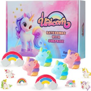 Rainbow Unicorn Bath Bombs Gift Set,6 Pcs Natural Handmade Bathbomb with Toys Surprise Inside for Girls Boys for Kids, Organic Bath Bomb for Christmas or Birthday Gift