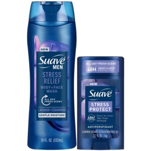 Suave Men’s Body Wash, Stress Relief + Antiperspirant Deodorant for Men, Stress Protect, Lavender & Cedarwood, 48H Sweat & Odor Protection (2 Piece Set)