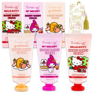 SANRIO The Creme Shop x Hello Kitty and Friends Hand Lotion Pack - Bundle with 3 Shea Butter + Vitamin E Hello Kitty Lotions Scents Strawberry Cake, Apple Blossom, Peach Plus Bookmark Lotion Set
