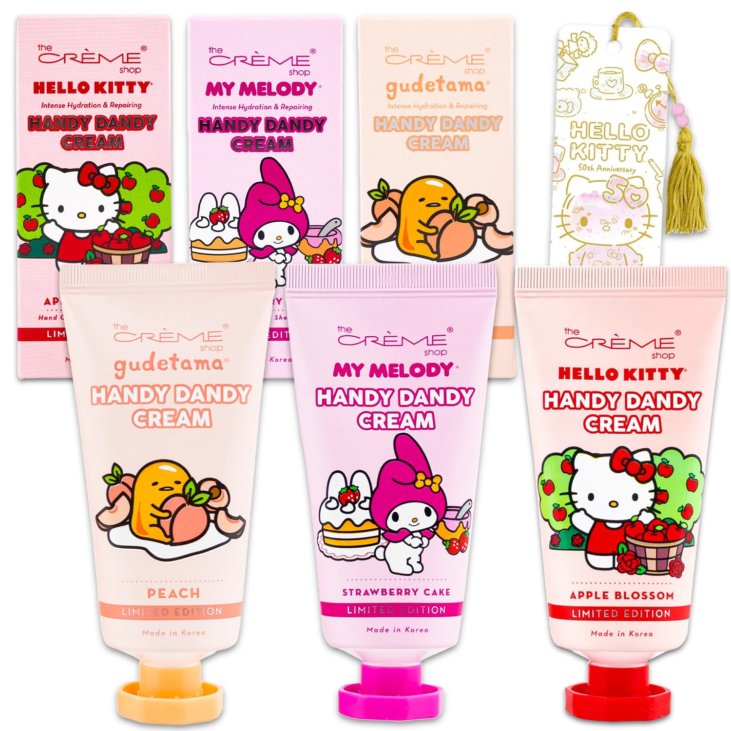 SANRIO The Creme Shop x Hello Kitty and Friends Hand Lotion Pack - Bundle with 3 Shea Butter + Vitamin E Hello Kitty Lotions Scents Strawberry Cake, Apple Blossom, Peach Plus Bookmark Lotion Set