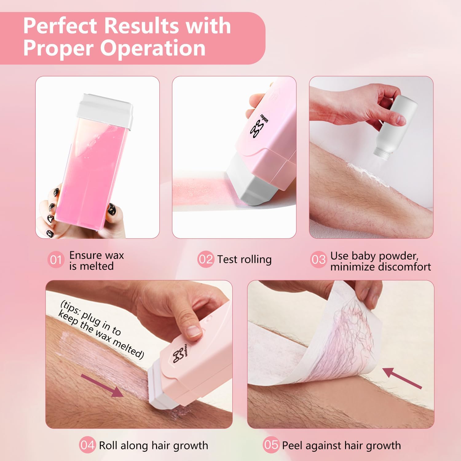 Roll On Wax kit,Waxing Kit for Women, Wax Roller, Roll On Wax Warmer for Hair Removal,at Home Waxing Kit for Women men,Soft Wax Heater for Larger Areas of the Body(pink) - Image 6