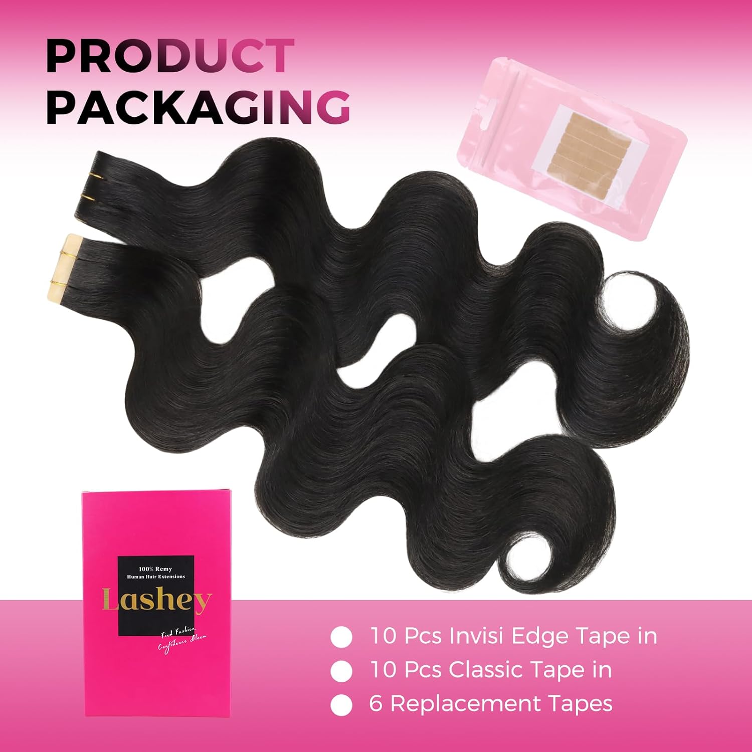 Lashey Invisi Edge Tape in Hair Extensions Human Hair, Natural Black 16 inch 50g Body Wave, 10pcs Injected with 10pcs Classic Tape ins, Real Virgin Human Hair Invisible Seamless Tape in Extensions - Image 9