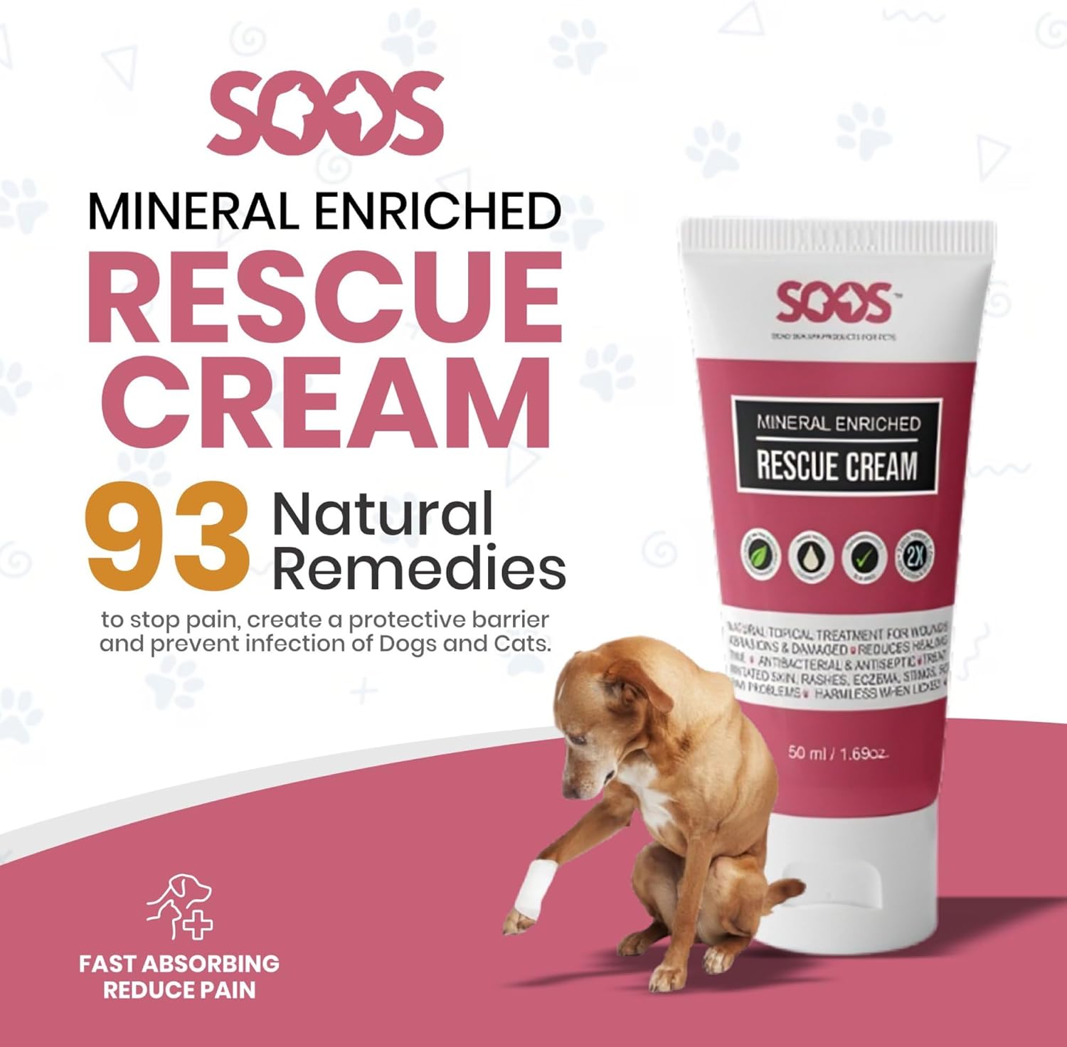 Soos Pets Pet Rescue Cream for Dogs and Cats | Natural Dead Sea Mineral Enriched | Fast Absorbing Reduce Pain | Topical Treatment of Injuries Cuts Sores Wounds Scratches Damaged Skin - 50ml - Image 3