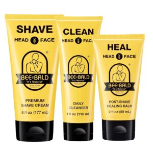 Bee Bald 3-Pack with SHAVE Premium Shaving Cream, HEAL Post-Shave Healing Balm, CLEAN Hydrating Facial Cleanser