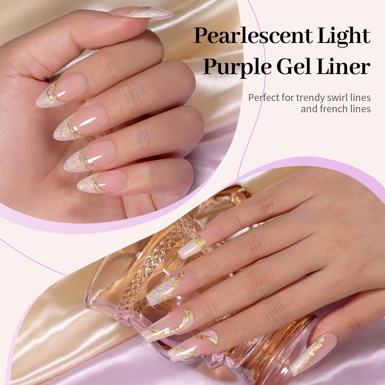 RARJSM Pearl Gold Gel Liner Nail Art Pearlescent Milky Light Purple White Golden Shell Glitter Swirl Effect Gel Nail Polish 8ml Build in Thin Brush Painted Drawing Striper Gelpolish Curing Requires - Image 3