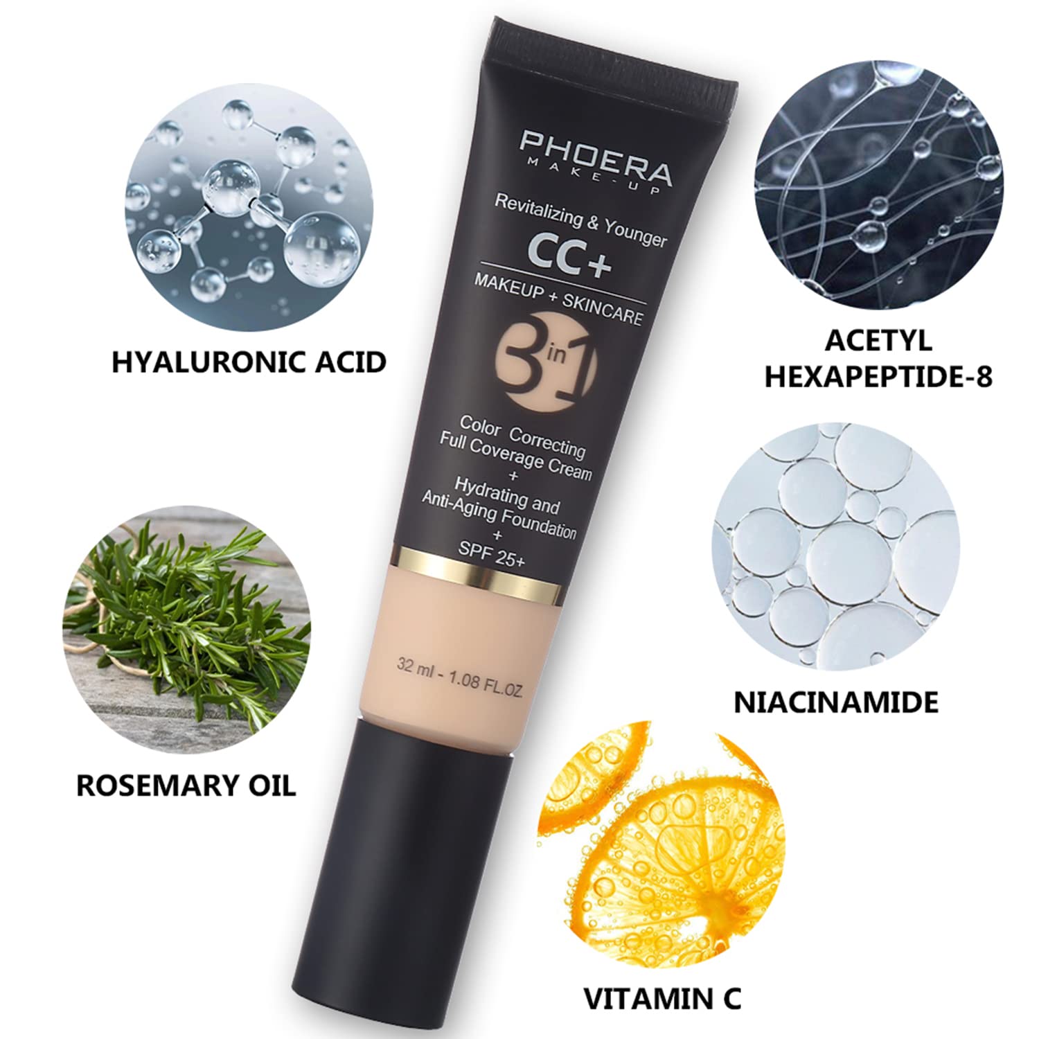 PHOERA 2-Piece 100 Porcelain CC Cream Foundation SPF 25 Full Coverage 1.08 fl oz - Image 6