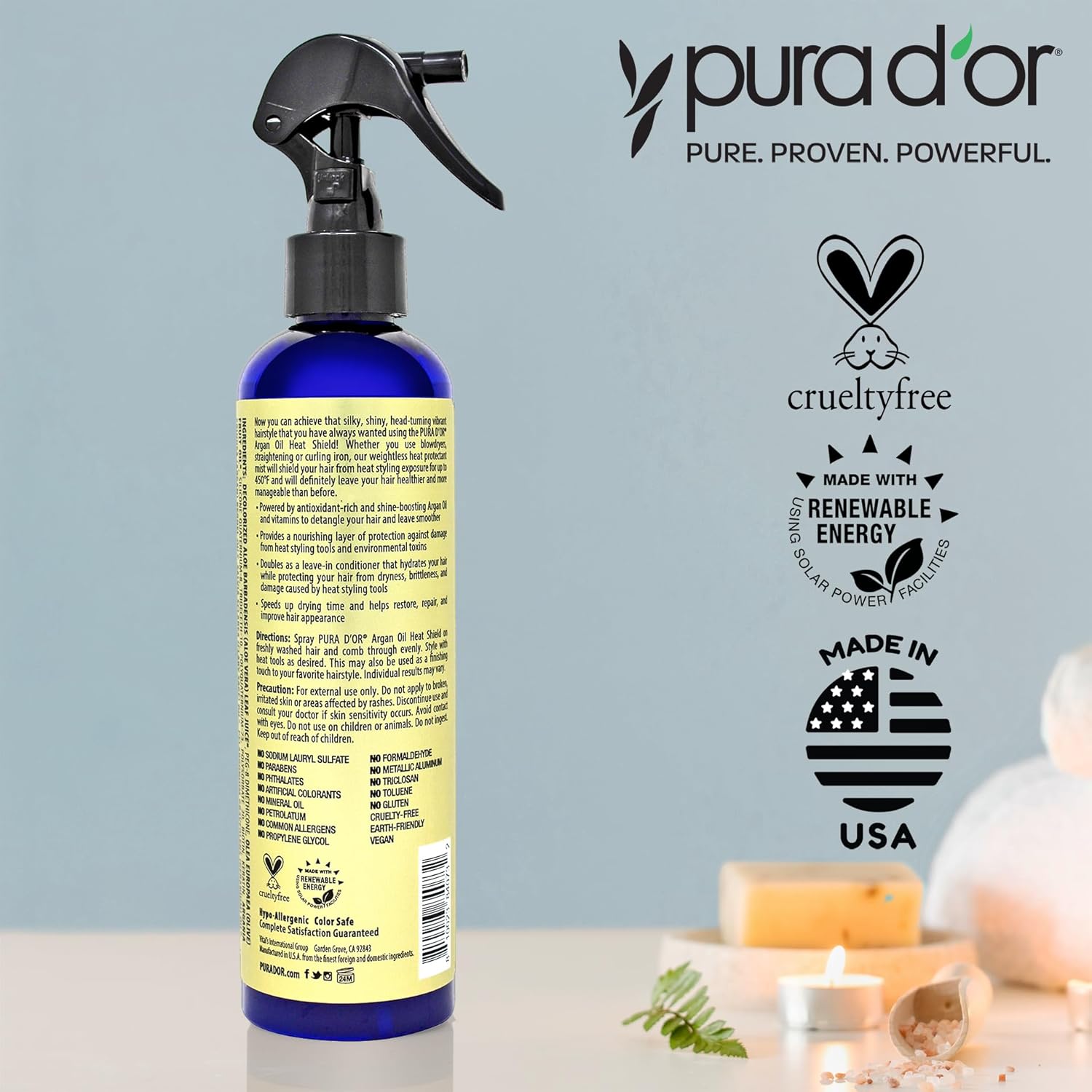 PURA D'OR 8 Oz Argan Oil Heat Shield Protectant Spray with Select Organic Ingredients, Protects Up To 450º F From Flat Iron & Hot Blow Dry, Leave-In, Define & Shine Dry & Damaged Hair - Image 5