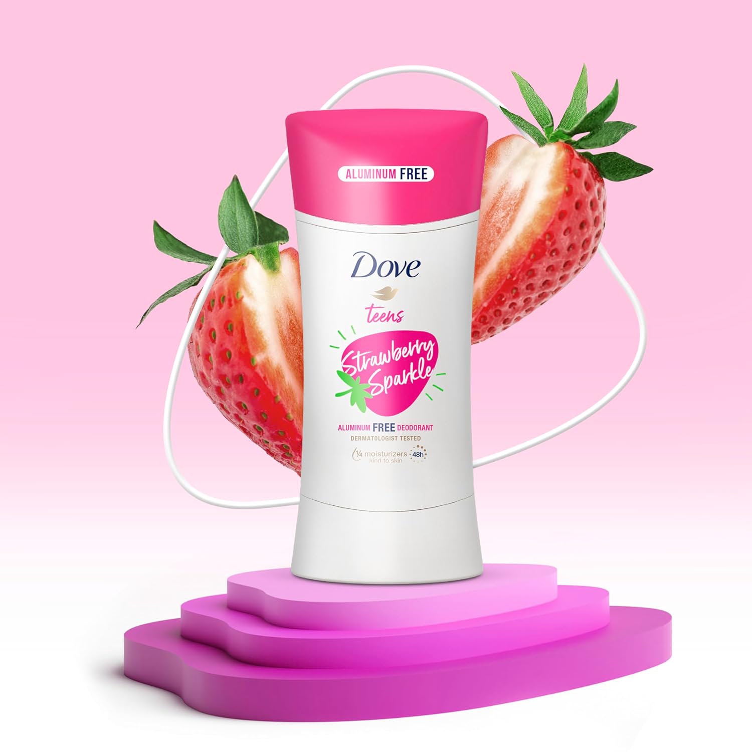 Dove Teens Deodorant Stick Strawberry Sparkle, for gentle underarm care, 48-hour odor protection and aluminum free deodorant, 2.6 oz (Pack of 2) - Image 3