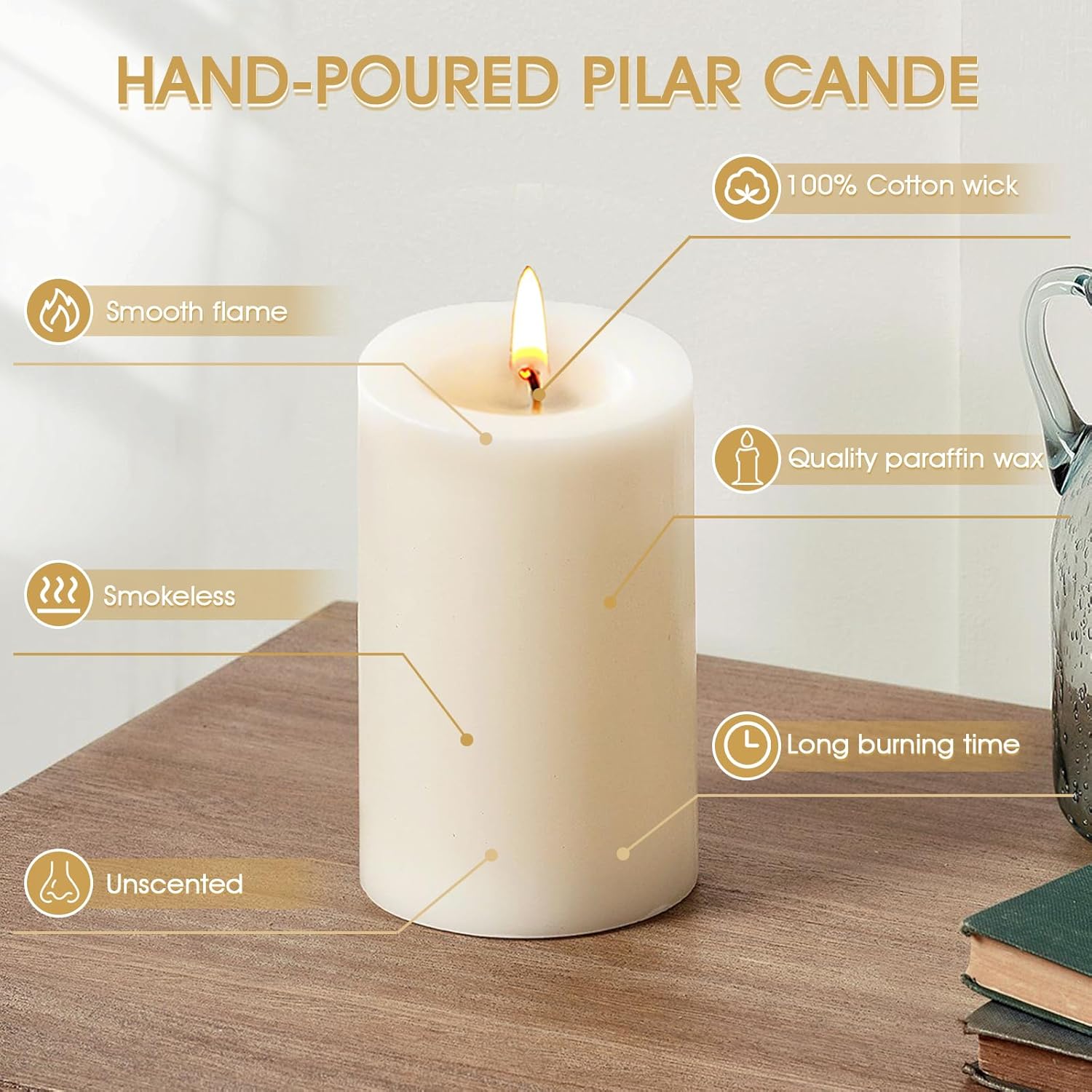 Uscented Pillar Candles, Ivory Pillar Candle Set of 4, 3 x 4 Inch Dripless and Smokeless Large Pillar Candles for Dinner Table, Christmas and Home Decor 55 Hours Long Burning Time - Image 4