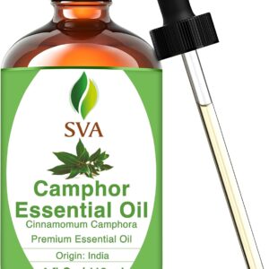 SVA Camphor Essential Oil – 4 Fl Oz – 100% Natural Camphor Oil - for Diffuser, Hair Care, Face, Skin Care, Aromatherapy, Scalp and Body Massage, Soap and Candle Making – with Dropper