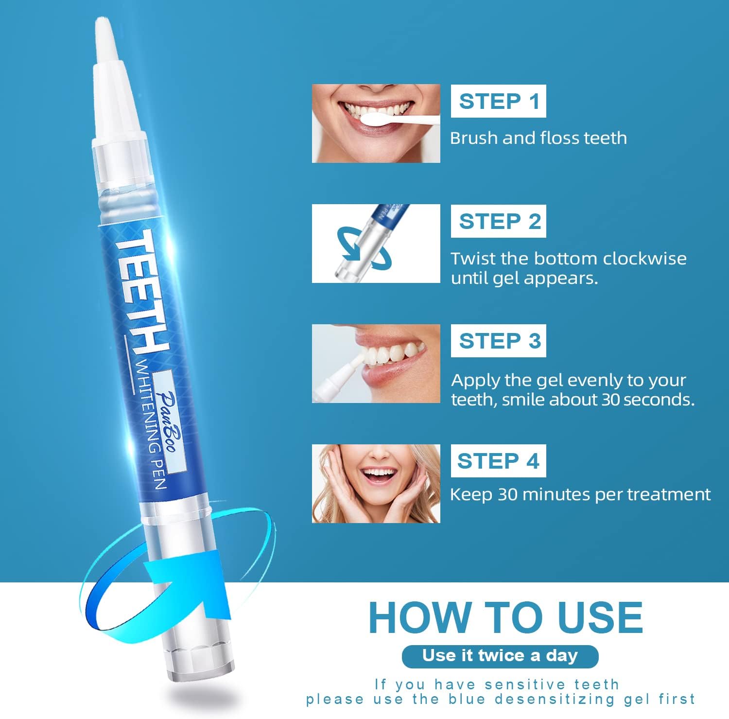 Teeth Whitening Pen 4+1(5 Pack), 70+ Treatments, Use Twice a Day Up to 1-6 Shade Whiter in 1-2 Weeks, 4 Whitening Pens plus 1 Desensitizing Pen, Effective, Painless and Enamel Safe Teeth Whitening Gel - Image 6