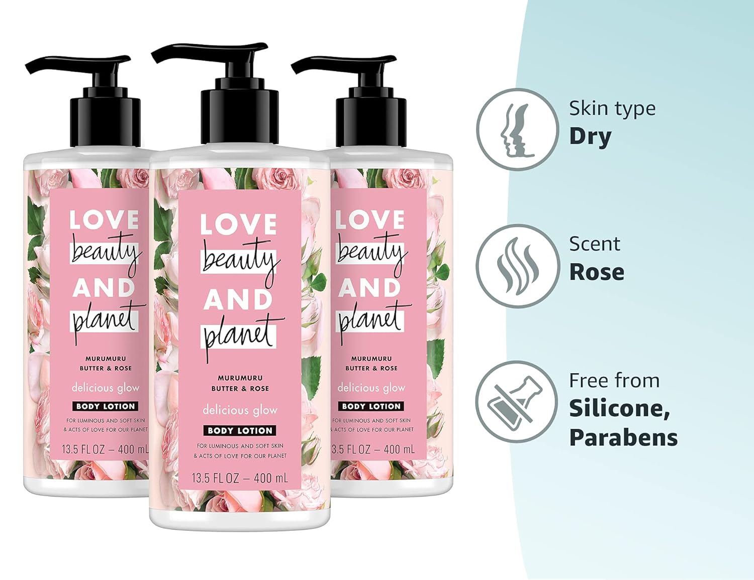 Love Beauty and Planet Delicious Glow Body Lotion for Soft, Glowing Skin Murumuru Butter & Rose Natural Ingredients, Plant-Based Moisturizers, Vegan, Cruelty-Free, 13.5 Ounce (Pack of 3) - Image 11