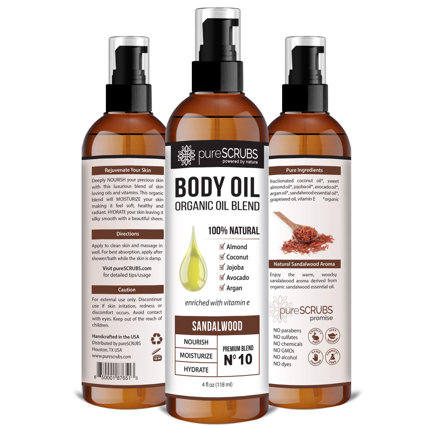 pureSCRUBS Ultra Moisturizing Sandalwood Body Oil Spray For Dry Skin, Massage, Cuticles & More, Organic Blend of Jojoba, Argan, Coconut, Sweet Almond & Avocado Oils Enriched with Vitamin E, Lg 4oz - Image 2