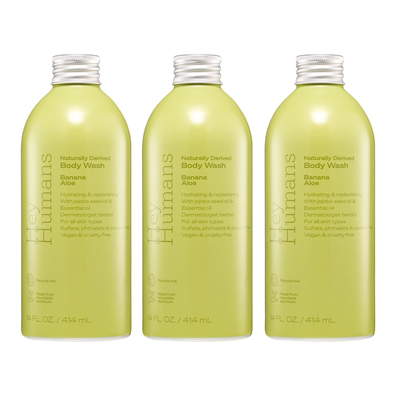 Hey Humans Banana Aloe Moisturizing Body Wash with Natural Ingredients & Jojoba Oil | Clean, Vegan, Sulfate Free Bath & Body Wash for Women & Men | Recyclable Bottle, 14 fl. oz. - Pack of 3