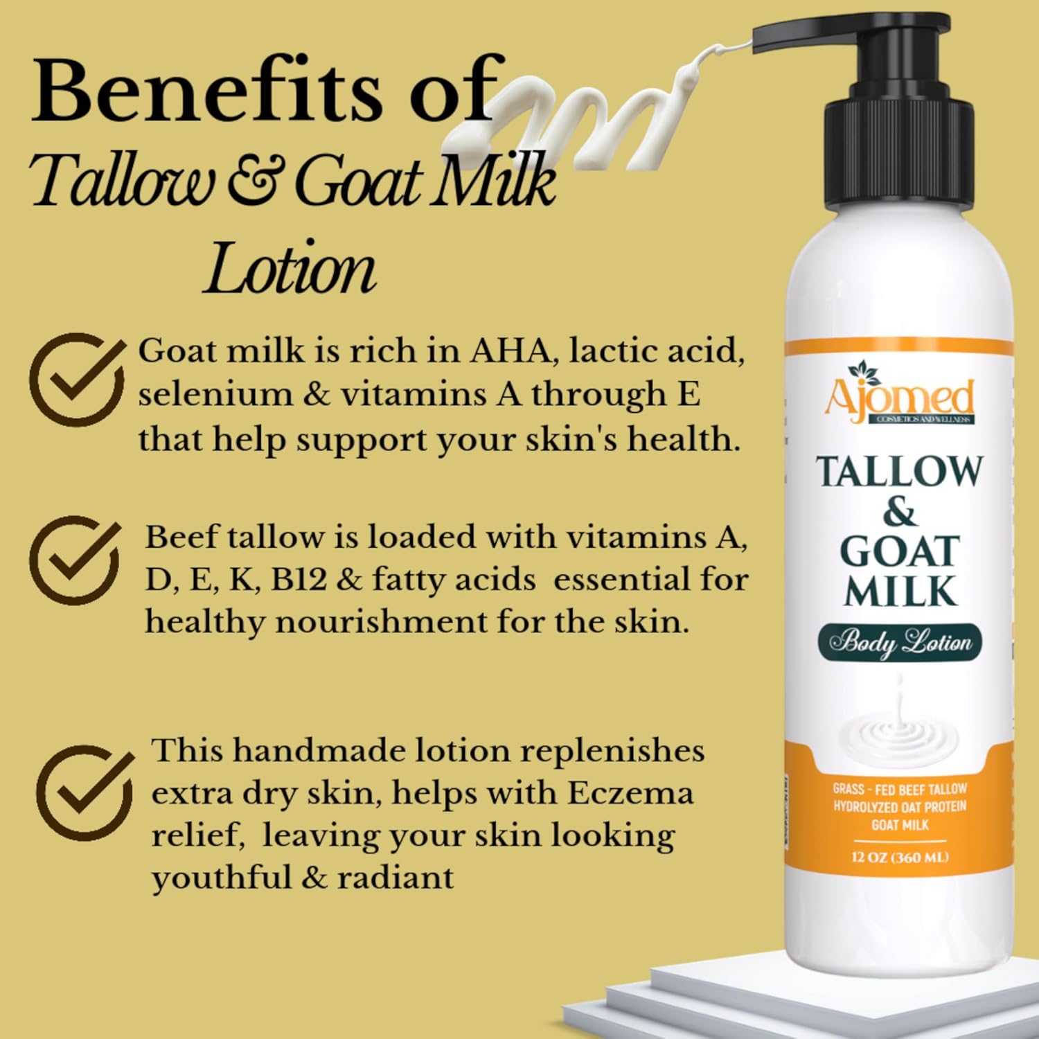 Grass Fed Beef Tallow & Goat Milk Body Lotion for Sensitive Skin, Organic Tallow Lotion - Soothes Dry Patches, Goat Milk Moisturizer - Handmade Tallow Body Lotion (Oatmeal & Honey, 8 Oz) - Image 3