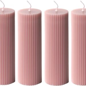 Ribbed Pillar Candles 2x6'' Tall Fluted Column Modern Home Décor Soy Wax Handmade Unscented (4 Packs, Pink Taupe), Aesthetic Decorative Textured Candle Set