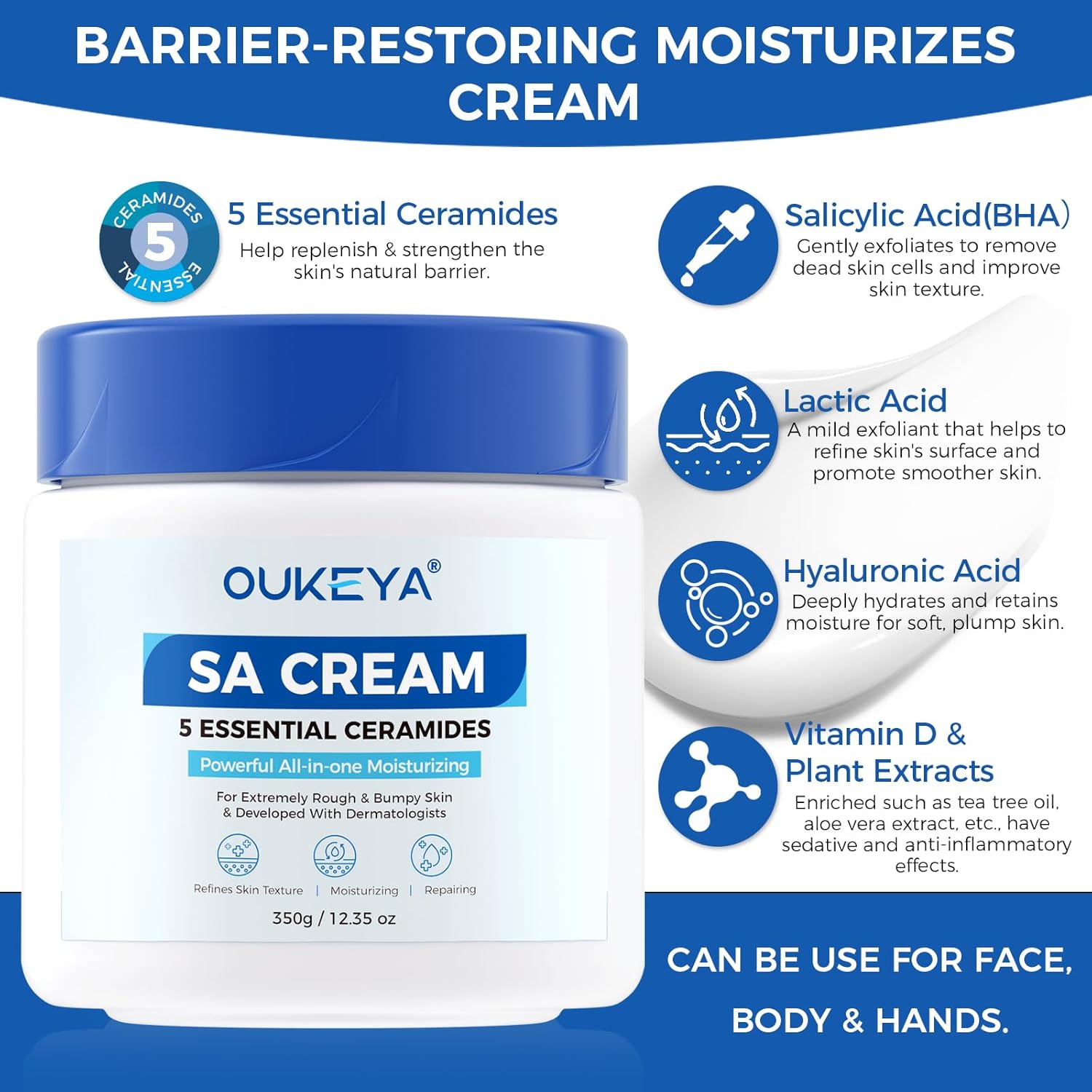 OUKEYA SA Cream for Rough & Bumpy Extremely Dry Skin with 5 Kinds of Ceramides & Salicylic Acid,Exfoliating Moisturizing Body Lotion with Long-Lasting Moisture,Dermatologist Recommended,12.35 Ounce - Image 3