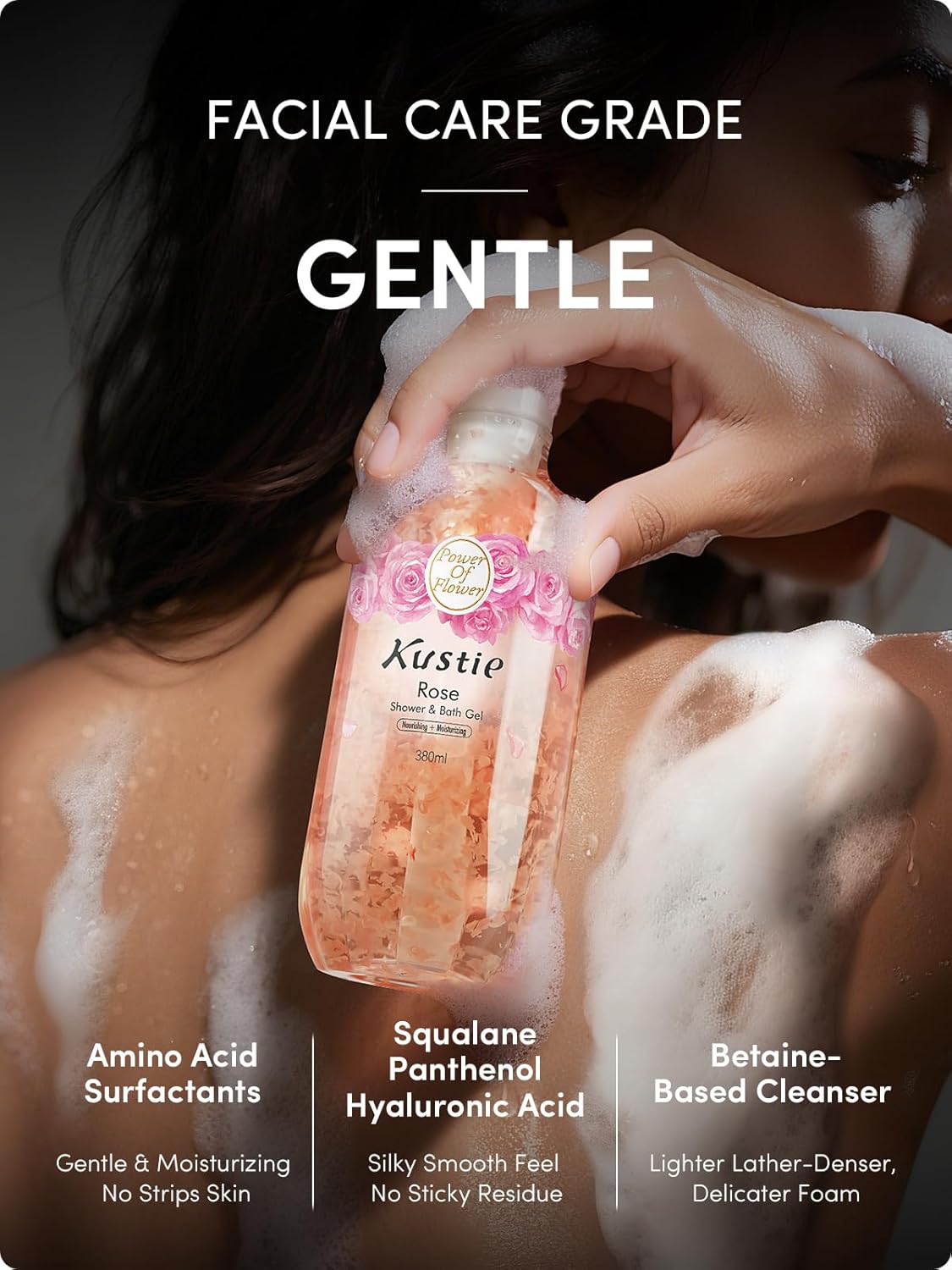 Kustie Vegan Rose Body Wash with Squalane and Hyaluronic Acid, 7.4 fl oz Bottle - Image 3