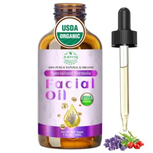 Organic Face Oil with Rosehip, Frankincense, Pomegranate & Vitamin E - USDA Certified Cold Pressed 100% Natural Anti-Aging Facial Oil for Moisturizing, Brightening & Youthful Glow - 1oz / 30ml
