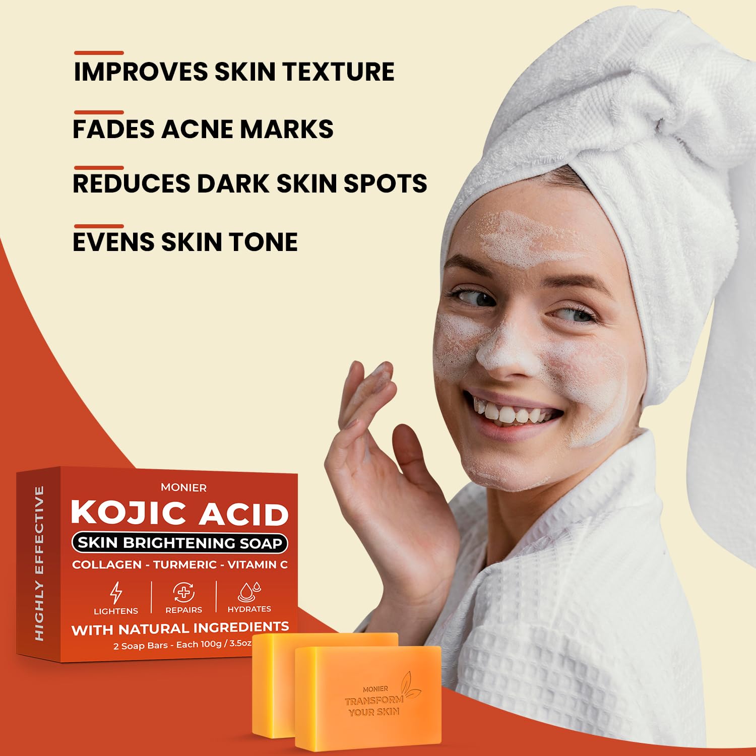 MONIER Kojic Acid Soap - Dark Spot Remover Soap Bars - with Collagen, Turmeric, Coconut Oil, Vitamin C, Vitamin E - Moisturizing & Nourishing - Original Japanese Complex - Image 4
