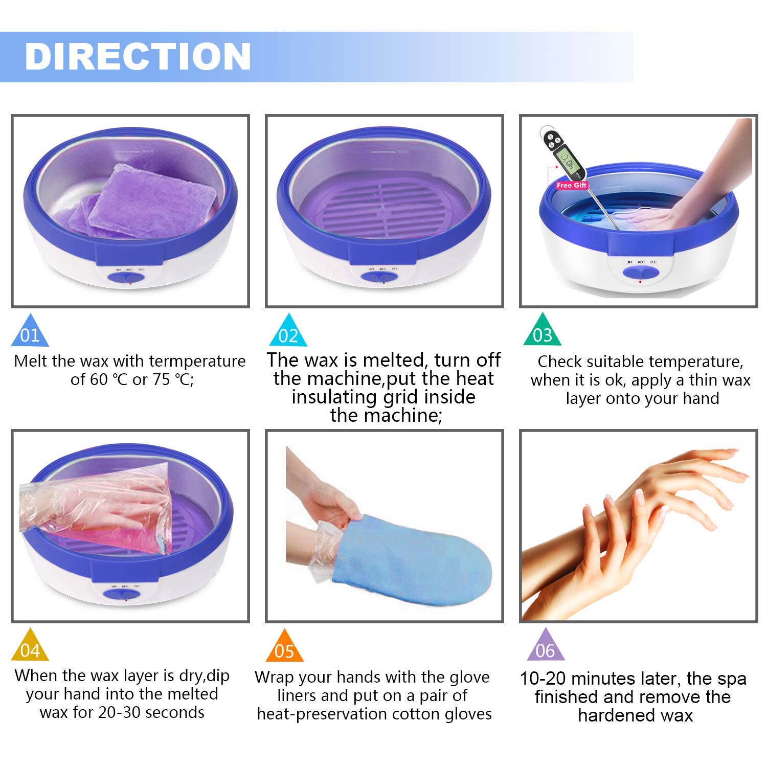 Ejiubas Paraffin Wax Machine - Quick Heating Paraffin Wax Warmer Moisturizing Kit with 2.2 lb Paraffin Wax 2 Thermal Mitts Botties 200 Gloves Liners for Hand and Feet Praffin Bath Blue 2500ml - Image 7