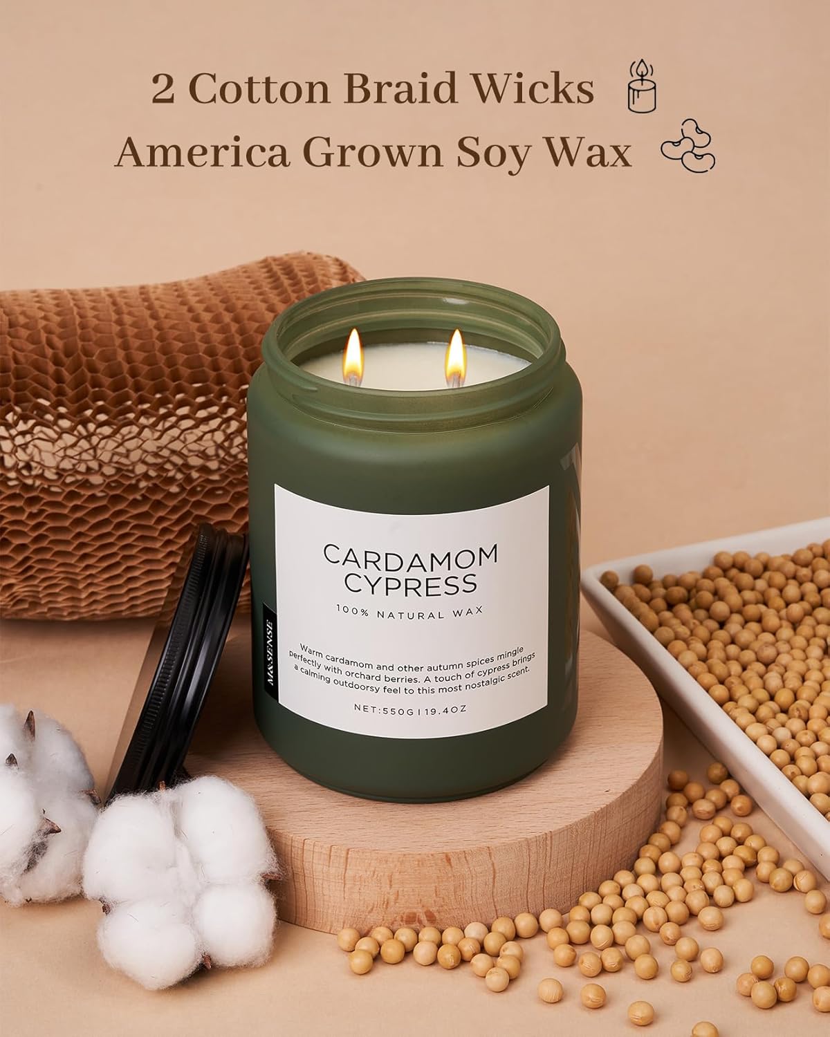 M&SENSE Spice Cardamom Cypress Large Soy Candles for Home Scented 2 Wick Large Soy Natural Candles 19.4oz 110 Hours Long Lasting Slow Burning, Christmas Holiday Woody Scented Winter Gifts - Image 3