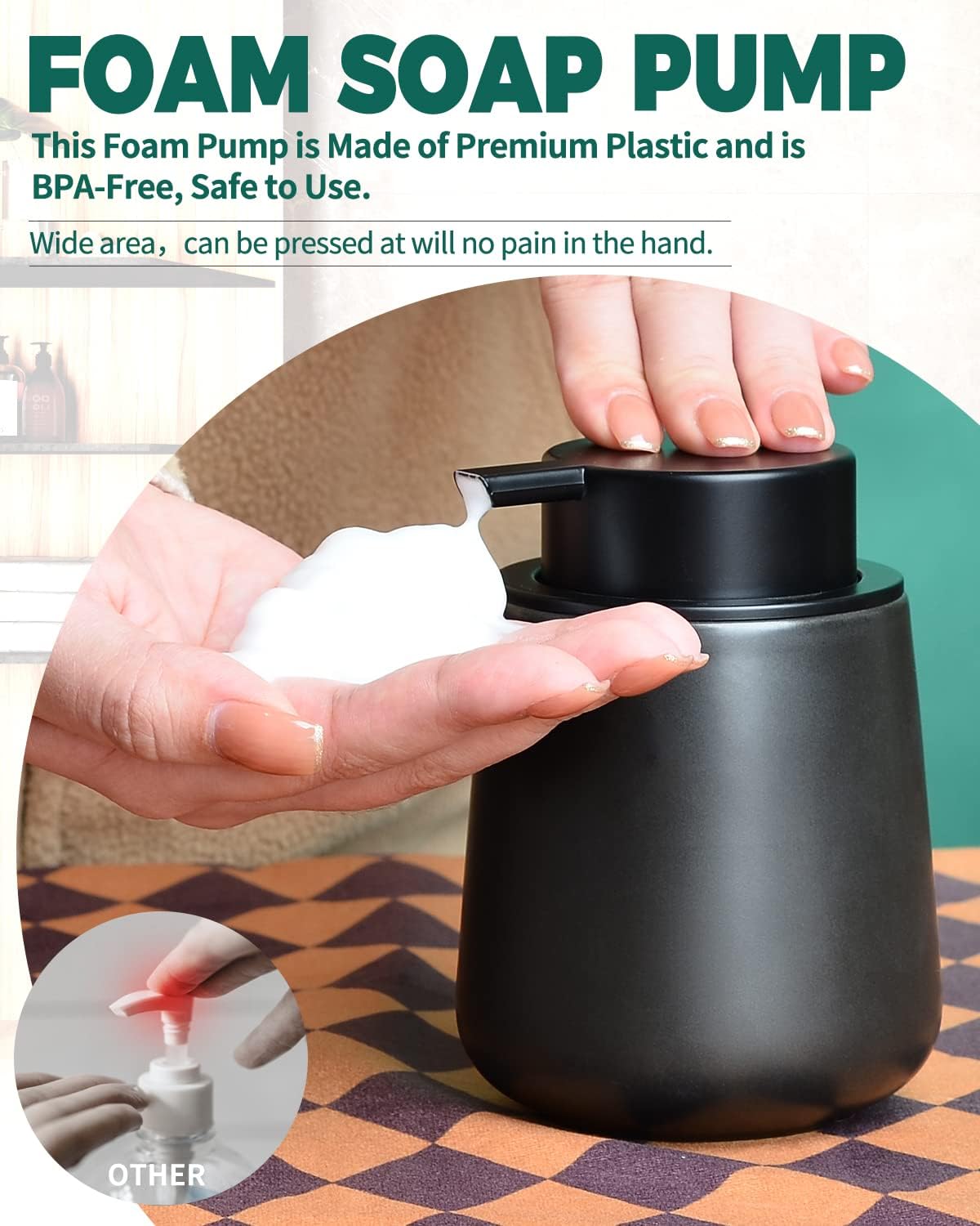 Bosilunlife Ceramic Foaming Soap Dispenser - 12Oz Matte Black Foam Hand Soap Dispenser Bathroom Countertop Kitchen Dish Soap Pump Dispenser Liquid Wash Dispenser for Bathroom - Image 2