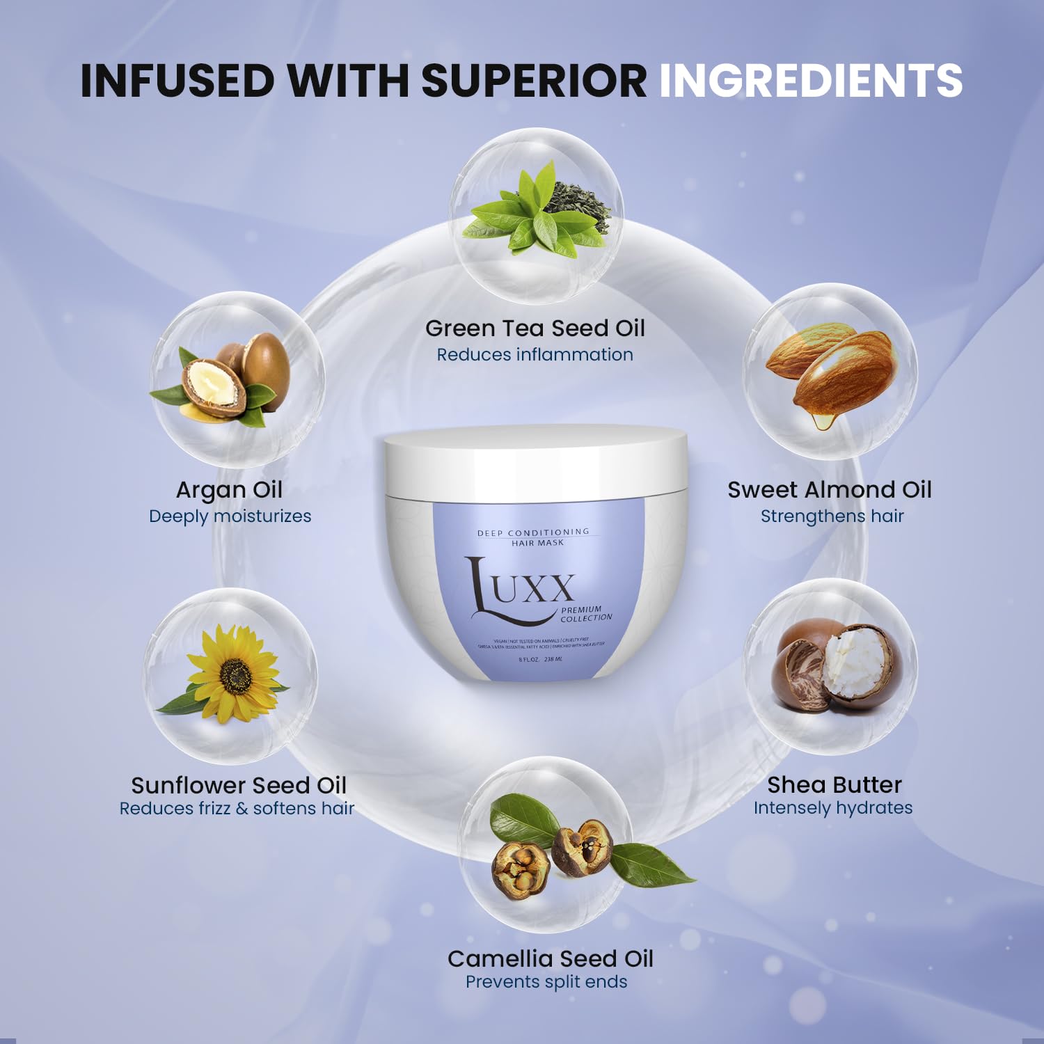 Luxx Deep Conditioning Hair Mask | Shea Butter & Argan Oil Vegan Deep Moisturizing Mask for Dry & Damaged Hair| Combats Frizz | Restores Moisture | Paraben & Sulfate-Free (8 Fl. Oz), Clear - Image 2