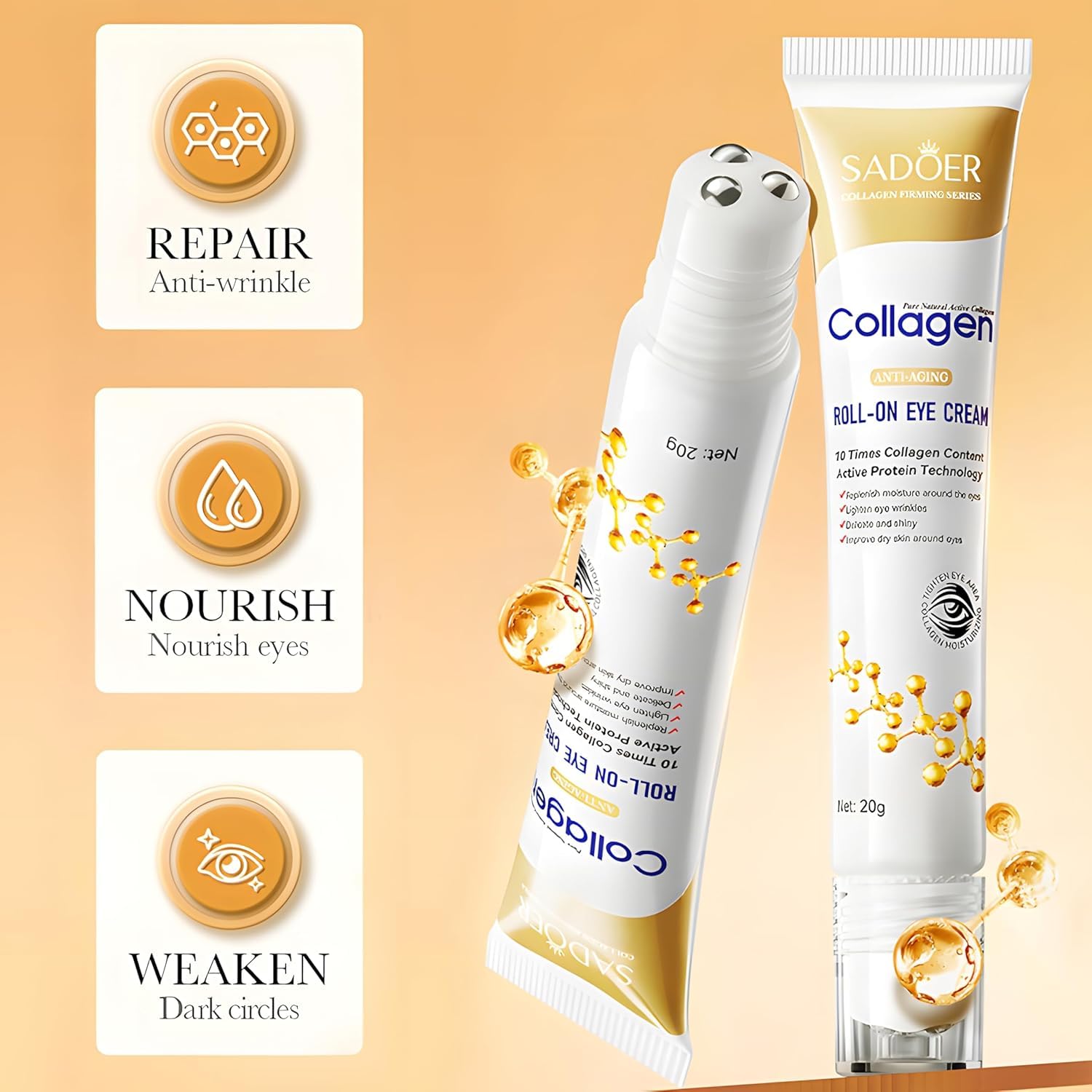 Age Correcting Eye Cream, Anti-Aging Hyaluronic Acid, Collagen & Caffeine Reduce Wrinkles, Dark Circles & Under Eye Puffiness, Lift, Firm & Brighten Eyes, Ice Roller For Under Eye Bags And Puffy Eyes - Image 3