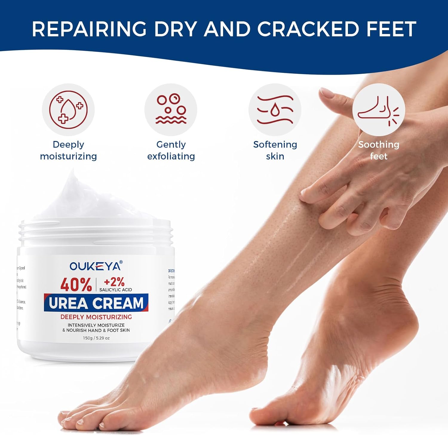 OUKEYA NEW FORMULA Urea Cream 40% Plus 2% Salicylic Acid for Feet Maximum Strength, Dry Cracked Hand Heel Moisturizing Repair Lotion for Knees, Elbows, Removes Corns, Dead Skin Cream, 5.29 oz - Image 5