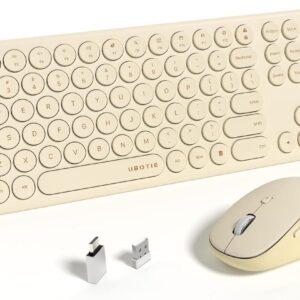 UBOTIE Wireless Keyboards and Mouse, Quiet Scissor Switches Slim Keyboards Mice Set, Silent Full Size 111 Round Keycaps with Adjustable DPI Mouse, Power On/Off Button for PC Laptop (Light Khaki)